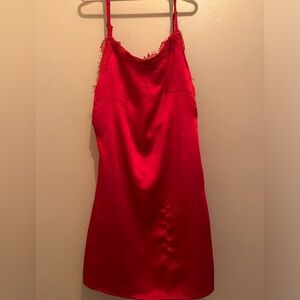 Sexy red satin and lace spaghetti strap open back mini dress